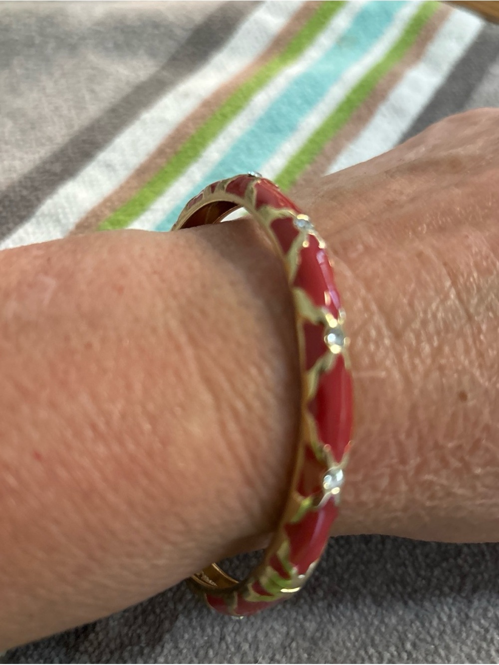Gold-Tone Red Enamel Hinged Bangle Bracelet with Crystal Accents